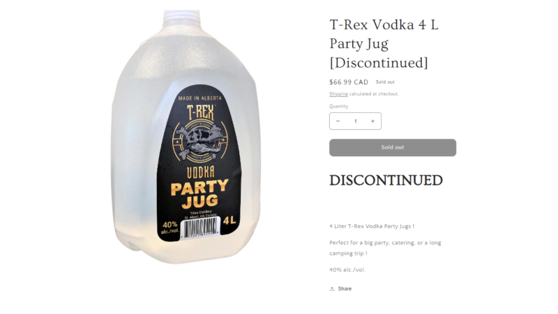 On April 8, 2024, T-Rex Distillery in St. Albert discontinued four-litre jugs of vodka after public backlash over safety concerns and the Service Alberta minister calling them irresponsibly priced. (Source: trexdistillery.ca)