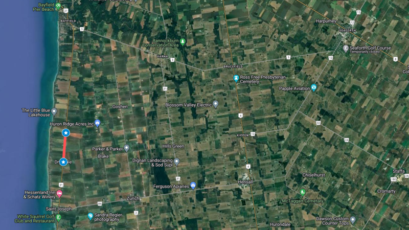A portion of Highway 21 south of Bayfield is closed following a crash between a pedestrian and a semi truck. April 9, 2024. (Source: Google)