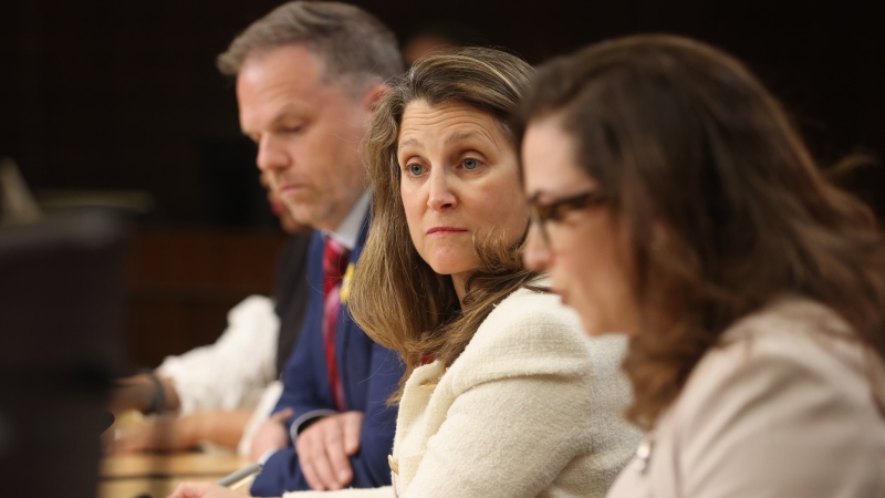 Deputy Prime Minister and Minister of Finance Chrystia Freeland, centre, Minister of Health Mark Holland, left, and Mental Health and Addictions Minister Ya’ara Saks, right, in Ottawa on Tuesday, April 9, 2024. THE CANADIAN PRESS/ Patrick Doyle