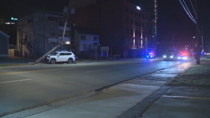 Police say a vehicle hit a power pole on April 8, 2024, causing power lines in the Joseph Howe Drive/Armdale Roundabout area to come down. (CTV Atlantic)