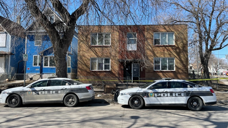 Winnipeg police are investigating a shooting death on Furby Street and Cumberland Avenue on April 9, 2024. (Jamie Dowsett/CTV News Winnipeg)
