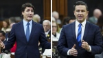 PM Trudeau and Conservative Leader Pierre Poilievre rise, separately, during question period in the House of Commons on Parliament Hill in Ottawa on Tuesday, April 9, 2024. THE CANADIAN PRESS/Sean Kilpatrick