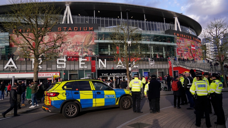 Police patrol outside Arsenal's Emirates Stadium ahead of the Champions League quarterfinal 1st leg soccer match between Arsenal and Bayern Munich in London, Tuesday, April 9, 2024. This week's Champions League soccer games will go ahead as scheduled despite an Islamic State terror threat. (AP Photo / Alberto Pezzali)
