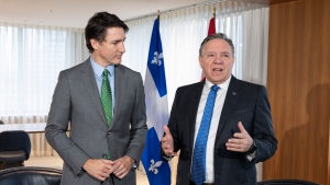 Prime Minister Justin Trudeau attends a bilateral meeting with Quebec Premier François Legault in Montreal on March 15, 2024. THE CANADIAN PRESS/Christinne Muschi
