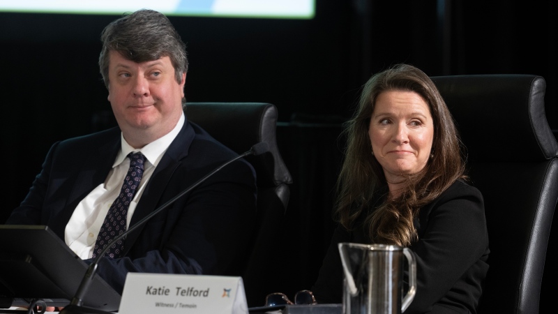 Jeremy Broadhurst and Katie Telford are seen as the Public Inquiry Into Foreign Interference in Federal Electoral Processes and Democratic Institutions goes on break, Tuesday April 9, 2024 in Ottawa. THE CANADIAN PRESS/Adrian Wyld 