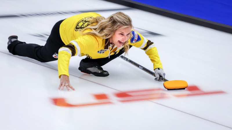 Team Manitoba-Jones skip Jennifer Jones directs her teammates as they play Team Manitoba-Cameron at the Scotties Tournament of Hearts in Calgary, Wednesday, Feb. 21, 2024. (THE CANADIAN PRESS/Jeff McIntosh)
