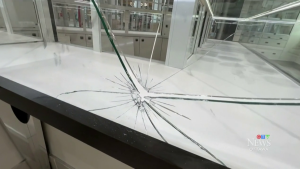 A smashed display case is seen at Doucet Jewelry Store at Place d'Orleans on April 9, 2024. (Tyler Fleming/CTV News Ottawa)