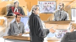 Justice Molloy, left to right, Umar Zameer, Det. Adam Taylor, Nader Hasan and Michael Cantlon are shown in a courtroom sketch in Toronto on Wednesday, March 20, 2024. (The Canadian Press/Alexandra Newbould)