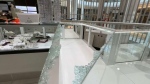 A smashed display case is seen at Doucet Jewelry Store at Place d'Orleans on April 9, 2024. Ottawa police are investigating a smash-and-grab at the store on Monday. (Tyler Fleming/CTV News Ottawa)