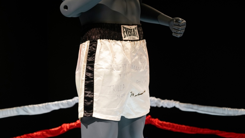 Boxing shorts worn by Muhammad Ali for his match in the Philippines in 1975 are displayed during a preview at Sotheby's in New York, Thursday, April 4, 2024. (AP Photo/Seth Wenig)