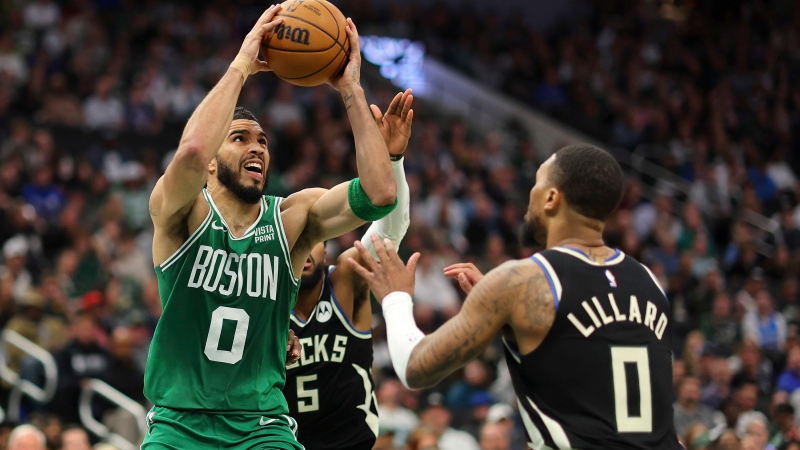 Jayson Tatum and the Boston Celtics earned an ignominious record in their loss to the Milwaukee Bucks. (Stacy Revere / Getty Images via CNN Newsource)