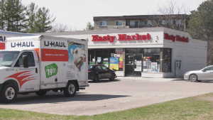 A photo of a convenience store at the corner of Westwood Drive and Westmount Road West in Kitchener as police continue an investigation into a robbery on April 10, 2024. (Shelby Knox/CTV News)