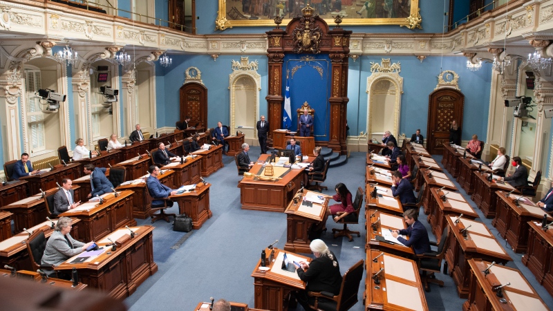 The Quebec legislature sits for question period as it comes to an end of the spring session, Friday, June 12, 2020 at the legislature in Quebec City. Quebec provincial police have launched an investigation after online threats were made against an elected official, spokesman Guy Lapointe said Sunday. In a tweet, Lapointe said many people had alerted police to threats made in a Facebook comment thread against a member of the Quebec legislature. (Jacques Boissinot, The Canadian Press)