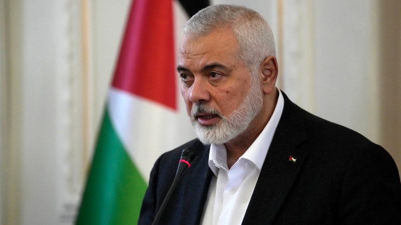Hamas chief Ismail Haniyeh speaks during a press briefing after his meeting with Iranian Foreign Minister Hossein Amirabdollahian in Tehran, Iran, Tuesday, March 26, 2024. (AP Photo / Vahid Salemi)