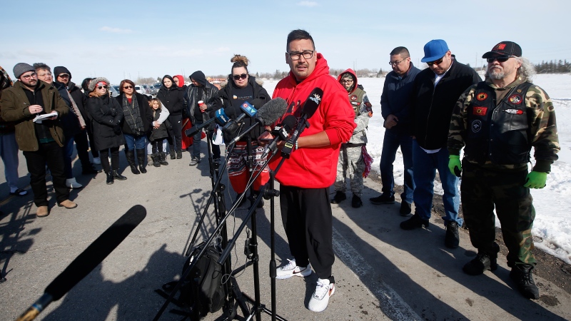 Christopher Traverse, Chief of Lake St. Martin First Nation speaks to the media at Winnipeg's Brady Landfill just outside the city, Thursday, April 6, 2023. (THE CANADIAN PRESS/John Woods)