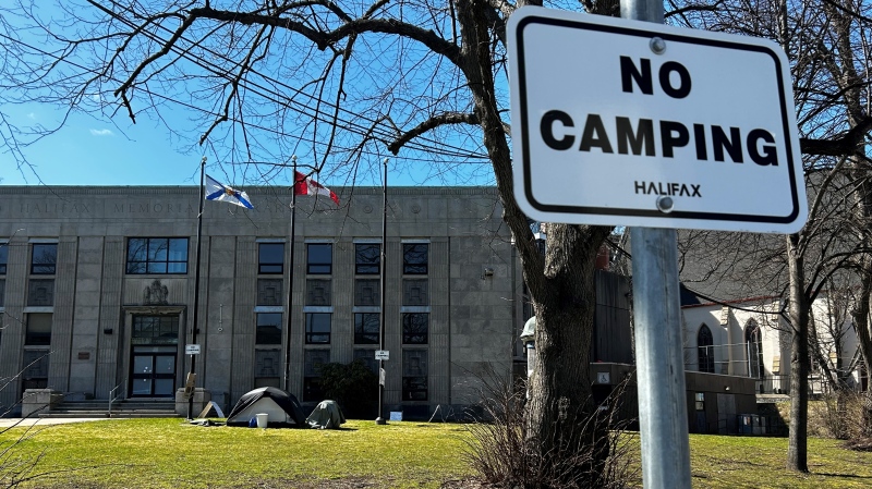A tent camps outside the former library in Halifax. (Source: Jonathan MacInnis/CTV News Atlantic)