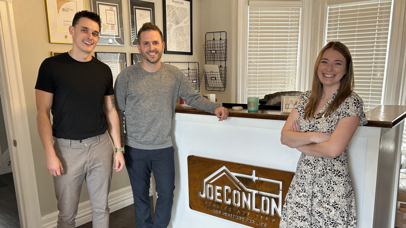Christian Conlon, Joe Conlon and Miranda Bujak of the Joe Conlon Real Estate Team at their office in Windsor, Ont. on April 10, 2024. (Rich Garton/CTV News Windsor)