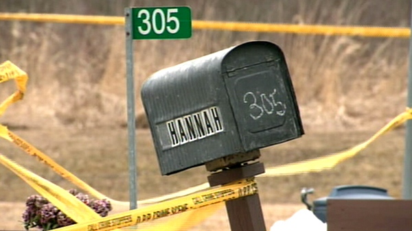 The mailbox is surrounded by police tape outside the Hannah family home in Mountain View, south of Belleville, Ont., Friday, March, 12, 2010.