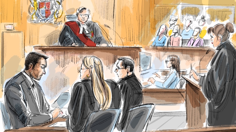 Umar Zameer, left to right, defence lawyers Alexandra Heine, Nader Hasan, Crown attorney Karen Simone are shown in this courtroom sketch as Justice Anne Molloy and jury members look on in Toronto on Thursday, March 21, 2024. THE CANADIAN PRESS/Alexandra Newbould
