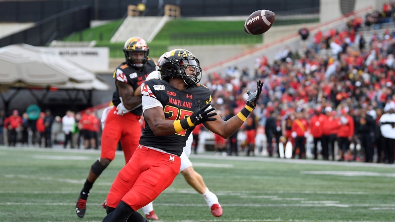 Maryland defensive back Antoine Brooks Jr. (25) makes an interception during the first half of an NCAA college football game against Indiana, Saturday, Oct. 19, 2019, in College Park, Md. (AP Photo/Nick Wass)