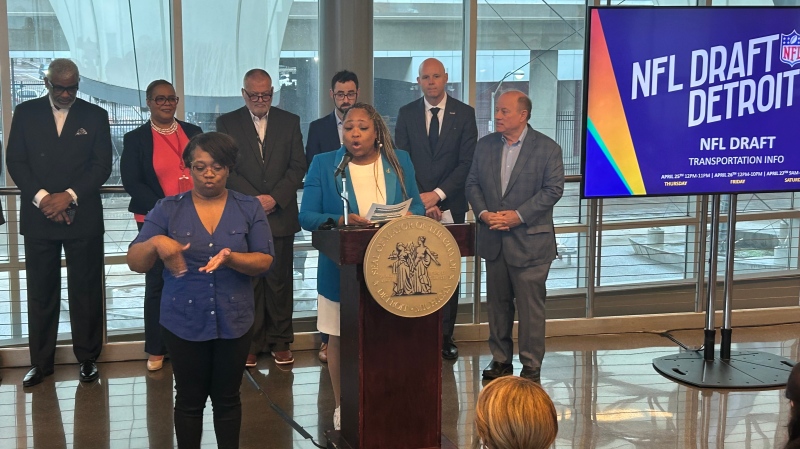 City of Detroit officials hold a media conference at the Rosa Parks Transit Center in Detroit, on Thursday, April 11, 2024. (Rich Garton/CTV News Windsor)