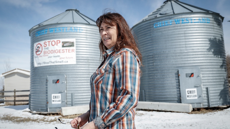 Benita Estes is opposed to the development of a biodigester plant 200 metres from her home near High River, Saturday, April 6, 2024.THE CANADIAN PRESS/Jeff McIntosh
