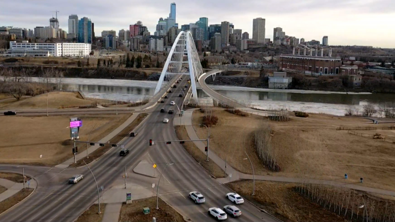 An aerial image of downtown Edmonton and Walterdale Bridge taken over Queen Elizabeth Road on April 12, 2024. (Cam Wiebe / CTV News Edmonton) 
