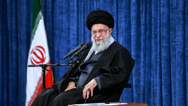 Iranian supreme leader Ayatollah Ali Khamenei attends a meeting with officials in Tehran, Wednesday, April 3, 2024. (Office of the Iranian Supreme Leader via AP)