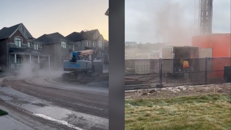 Dust and dirt from construction is seen on the street in front of new homes in Oakville, as well as just feet away from the property line in their backyards in these images taken by residents. (Submitted) 