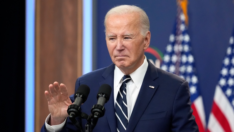 President Joe Biden speaks to the National Action Network Convention remotely from the South Court Auditorium of the White House, Friday, April 12, 2024, in Washington. (AP Photo/Alex Brandon)