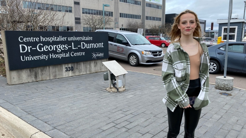 Kali Hemsworth outside the Dr. Georges-L.-Dumont University Hospital Centre in Moncton. (Source: Derek Haggett/CTV News Atlantic)