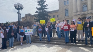 A group of students descended on the legislative grounds in Regina on Friday. (Cole Davenport / CTV News) 