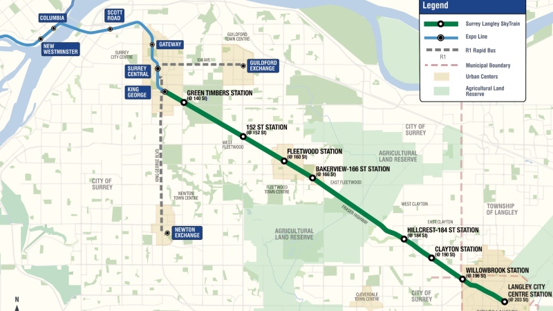 A map of the Surrey-Langley SkyTrain extension route is shown. (Ministry of Transportation and Infrastructure)