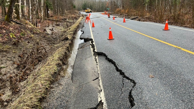 Dawson Road and Muskoka Road 25 are left damage on Saturday April 13, 2024 (Source: Muskoka Lakes Township/X). 