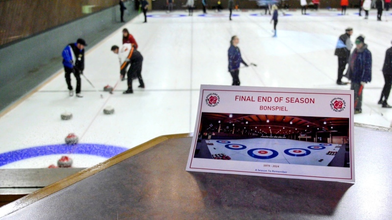 A sign marking the end of curling at the Roseland Golf and Curling Club sits in the clubhouse as sweepers and throwers compete one final time inside the facility on Apr. 13, 2024. (Sanjay Maru/CTV News Windsor)