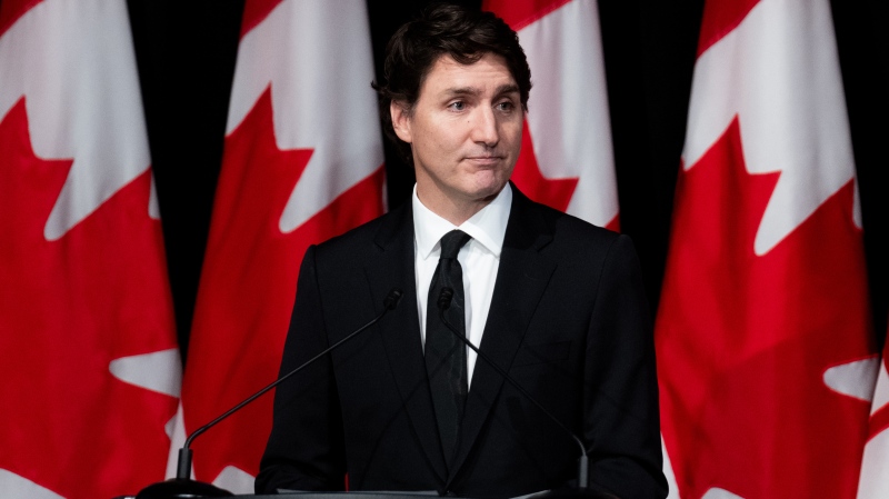 Prime Minister Justin Trudeau delivers remarks on recent developments in Israel ahead of the annual Press Gallery Dinner in Ottawa, on Saturday, April 13, 2024. THE CANADIAN PRESS/Spencer Colby
