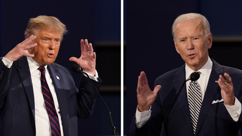 Former U.S. president Donald Trump, left, and current President Joe Biden during the first presidential debate on Sept. 29, 2020, in Cleveland, Ohio. (Patrick Semansky/AP Photo)