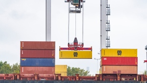 Between mid-December and the end of March, police inspected about 400 shipping containers at the Port of Montreal and found nearly 600 stolen vehicles, most of them from the Toronto area. A shipping container is loaded onto a container ship in the Port of Montreal on Tuesday, Sept.19, 2023. (Christinne Muschi, The Canadian Press)