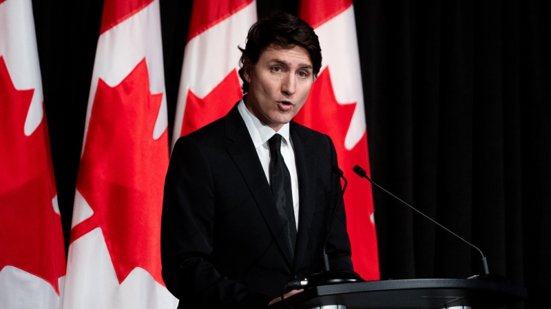 Prime Minister Justin Trudeau delivers remarks on recent developments in Israel on Saturday, April 13, 2024. (Spencer Colby/The Canadian Press)