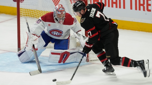 Ottawa Senators left wing Brady Tkachuk tries to put the puck past Montreal Canadiens goaltender Cayden Primeau during second period NHL action in Ottawa, Saturday, April 13, 2024. (Adrian Wyld, The Canadian Press)