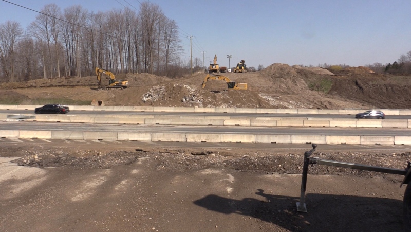 Traffic is moving along the 401, seen on April 14, 2024, after the Dorchester Road overpass was demolished on April 13, 2024. (Brent Lale/CTV News London)