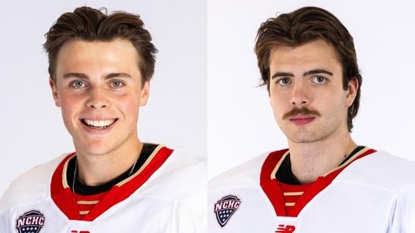 From left to right, University of Denver defenceman Boston Buckberger and goaltender Paxton Geisel. (Courtesy: denverpioneers.com)