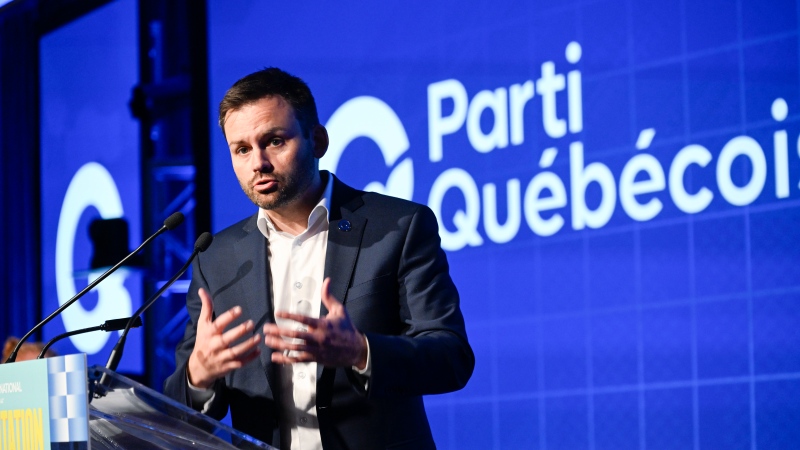Parti Quebecois Leader Paul St-Pierre Plamondon speaks at the opening of a Parti Quebecois national council meeting, Saturday, April 13, 2024 in Drummondville, Quebec. (Jacques Boissinot, The Canadian Press)