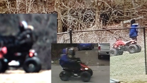 Police are looking for two suspects who were riding an ATV when they allegedly assaulted and threatened a couple. (Source: Wellington County OPP)