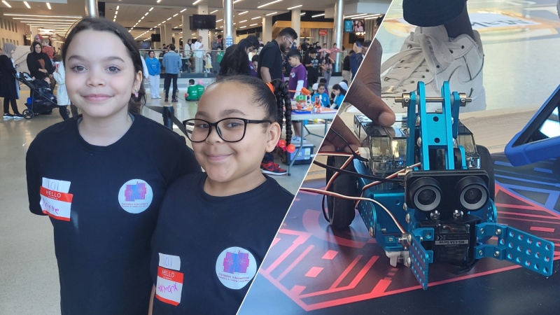 Arielle Green, 9, and Harmony Allen, 8, were two of the 150 students who participated in the second annual Canadian International Robotics and Coding Competition which took place on Apr. 13, 2024 inside the University of Windsor's CAW Student Centre. (Sanjay Maru/CTV News Windsor)