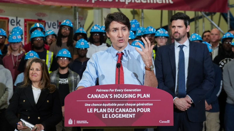 Prime Minister Justin Trudeau speaks about new housing solutions at the CCAT training centre in Woodbridge, Ont., on Friday, April 12, 2024. THE CANADIAN PRESS/Nathan Denette