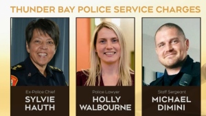 Three members of Thunder Bay Police Service -- former chief Sylvie Hauth, former lawyer Holly Walbourne and staff Sgt. Michael Dimini -- charged in misconduct investigation. April 15, 2024 (CTV News)