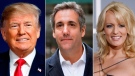 This combination of file photo shows, from left, former U.S. President Donald Trump, attorney Michael Cohen and adult film actress Stormy Daniels (AP Photo)