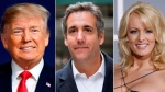This combination of file photo shows, from left, former U.S. President Donald Trump, attorney Michael Cohen and adult film actress Stormy Daniels (AP Photo)
