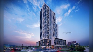 An artist rendering of two new apartment towers planned to be built on the White Oaks Mall parking lot in London, Ont. (Source: Westdell Developments Corp.)